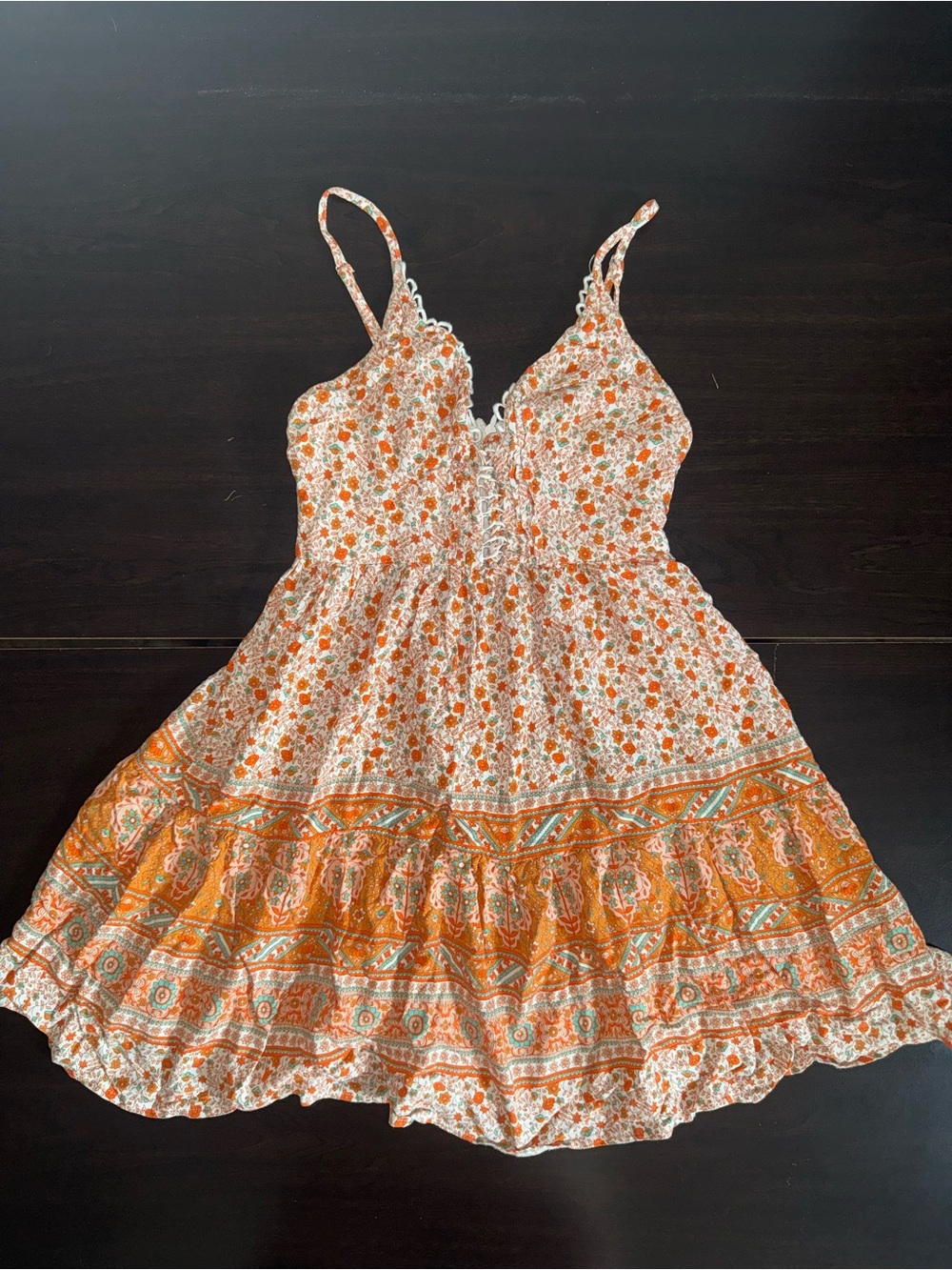 Orange Floral Lace-Trim Mini Dress with Spaghetti Straps